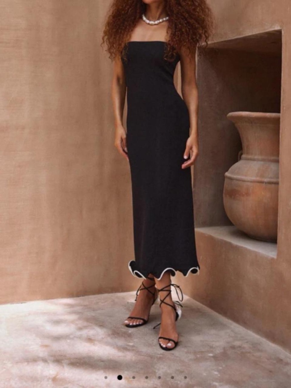 SAME LA Strapless Black Midi Dress with White Scalloped Hem